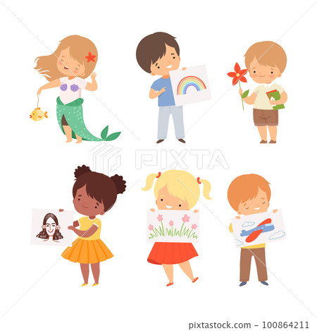 Little Boy and Girl Showing Drawing or Handcrafted Item Vector Illustration Set Little Boy and Girl Showing Drawing or Handcrafted Item Vector Illustration Set 100864211