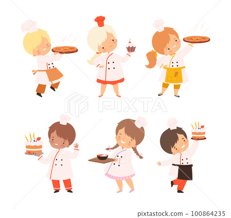Little Boy and Girl Chef in White Toque and Jacket Holding Tray with Appetizing Dish Vector Set 100864235