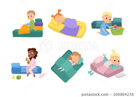 Little Boy and Girl Sleeping and Getting Ready to Bed Vector Set 100864238