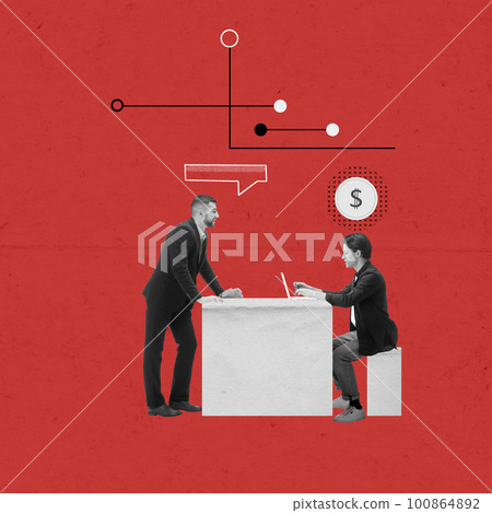 Male office workers, employees developing profitable strategy for project launching and company financial growth. Contemporary art collage. 100864892