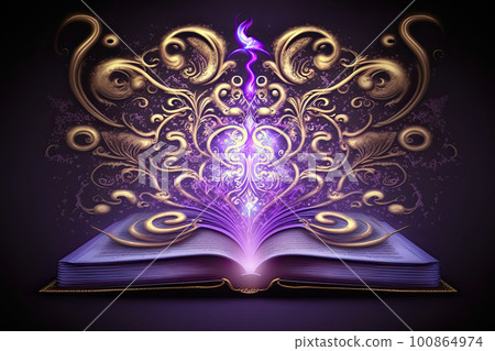 Open magical book with glowing lights over pages on abstract background. Fantasy reading. Created with Generative AI 100864974