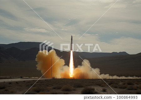 Rocket launch from cosmodrome. Fight of space rocket in blue sky. Space mission. Space Shuttle takeoff. Created with Generative AI 100864993