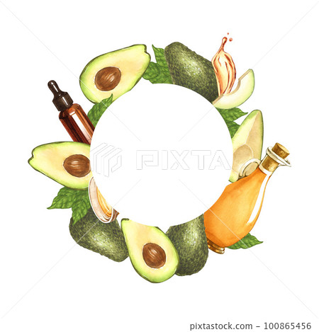 Watercolor round frame, ripe avocado and oil in glass bowl. Hand-drawn illustration isolated on white background. Perfect food menu, food drawing, design packing, healthy eating concept 100865456