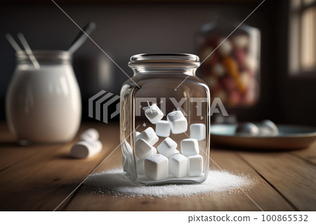 sugar in a glass jar on a wooden table against the background of the kitchen. sugar in a glass jar on a wooden table against the background of the kitchen. 100865532