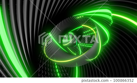3d render. Abstract geometric bg with rings form complex twisted spiral and light effects. Rings flash neon green lights. Neon ring bulbs for show or events, festivals or concerts 100866352