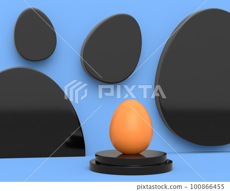 Farm brown chicken eggs standing on podium on blue background Farm brown chicken eggs standing on podium on blue background 100866455