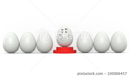 Farm white egg on podium and crowd of eggs standing in line on white background 100866457