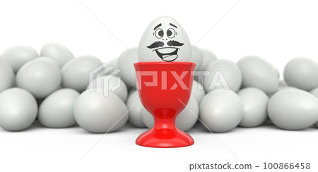 Farm white painted egg with funny face in ceramic egg cup and crowd of eggs Farm white painted egg with funny face in ceramic egg cup and crowd of eggs 100866458