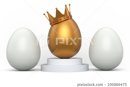 White chicken eggs in row and unique gold egg in royal king crown on podium 100866475