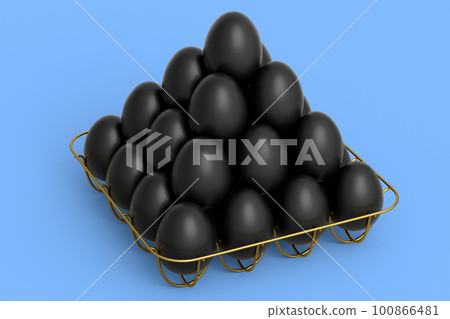 Luxury black eggs standing in pyramid in metal tray for morning breakfast 100866481
