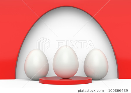 Farm white egg on podium and crowd of eggs standing in line on white background 100866489