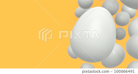Group of flying farm raw organic white chicken eggs flying on yellow background 100866491