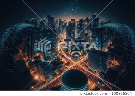 Night view of smart city and dot points design. Internet of Things, information communication network and big data connection technology concept. Generative AI Night view of smart city and dot points design. Internet of Things, information communication network and big data connection technology concept. Generative AI 100866564