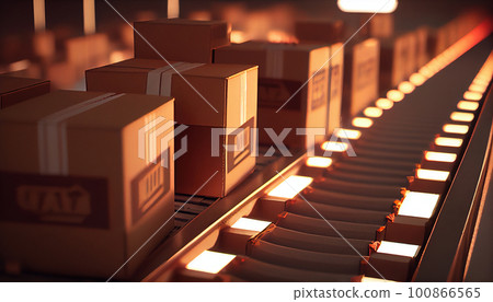 Row of brown boxes on conveyor belt in a big warehouse, Cardboard boxes in logistics warehouse, Packed courier on production line against, Generative AI 100866565