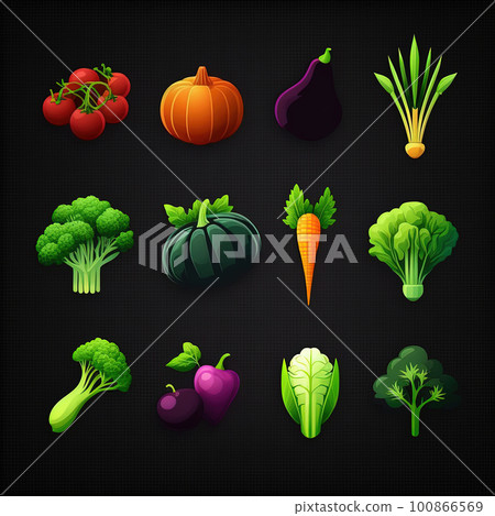 Neon vegetable icons on black background, icon collection for game. Colorful elements for design. Generative AI Neon vegetable icons on black background, icon collection for game. Colorful elements for design. Generative AI 100866569