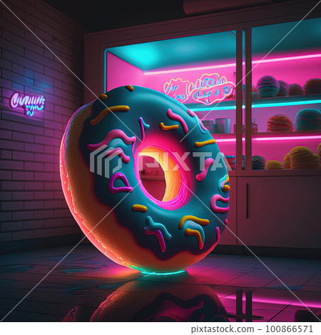 Neon donut on colorful background. Doughnut day concept. Side view. AI Neon donut on colorful background. Doughnut day concept. Side view. AI 100866571
