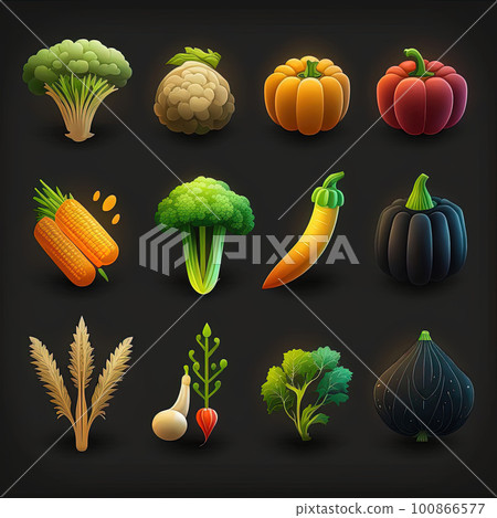 Neon vegetable icons on black background, icon collection for game. Colorful elements for design. Generative AI 100866577