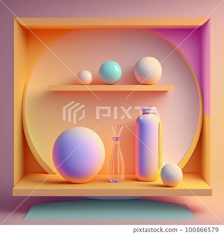 Product display neon round podium shelf on vibrant colorful gradient background. Stage showcase on pedestal studio with podium. Modern abstract background. Generative AI 100866579