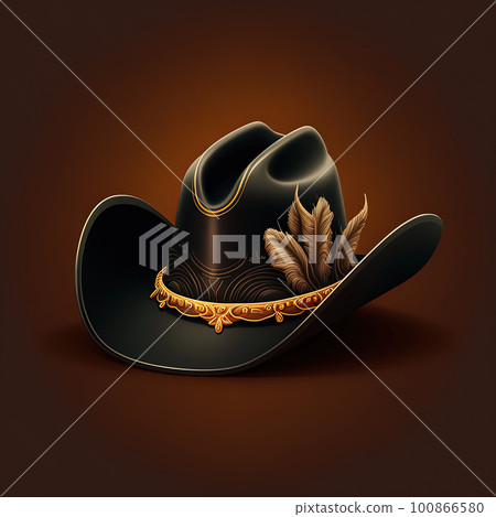 Black western cowboy hat illustration on brown background for design. Generative AI 100866580