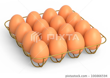 Farm raw organic brown eggs for morning breakfast in metal tray 100866594