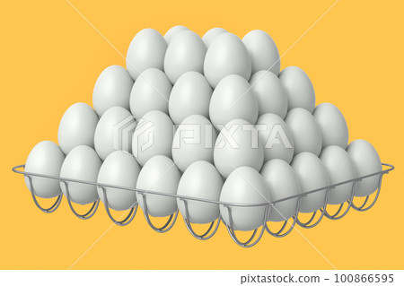 Farm raw organic white sugar-coated eggs for morning breakfast in metal tray 100866595