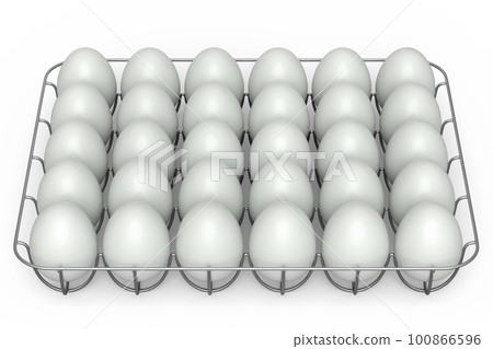 Farm raw organic white sugar-coated eggs for morning breakfast in metal tray 100866596