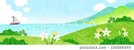 Summer sea and field landscape Watercolor background illustration full of nature Summer sea and field landscape Watercolor background illustration full of nature 100866849