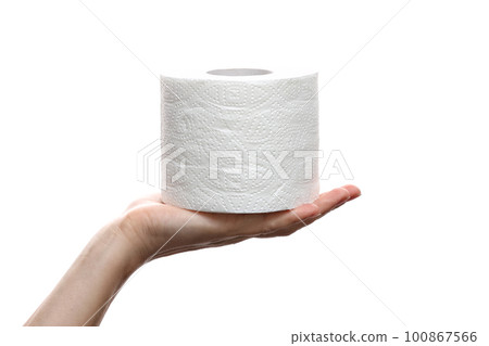Close-up of a woman hand using toilet paper isolated on a white background. Hand holding roll of tissue paper. white roll toilet paper on female hand. 100867566