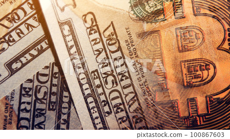 Bitcoin with dollar cash, virtual crypto currency bitcoin, btc. Concept of bitcoin payment, digital money, finance, online business, stock, savings, investments. Exchange bitcoin cash for a dollars. 100867603