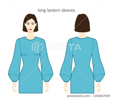 Lantern sleeves long length clothes character beautiful lady in blue top, shirt, dress technical fashion illustration 100867695