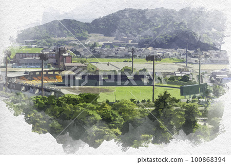 Watercolor style view from Hikone Castle Ocean BC Stadium Hikone (Shiga Prefectural Hikone Baseball Stadium) Hikone City, Shiga Prefecture 100868394