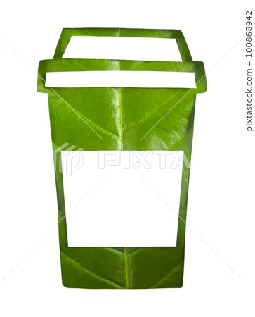 The glass water straw made from paper cutting on leaf green background. Biodegradable package concept. 100868942