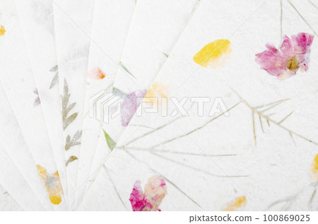 The Stack of different Dried Flowers Handmade Recycled Paper. 100869025
