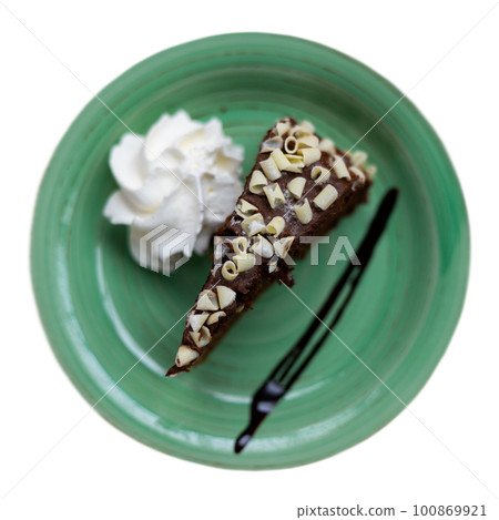 There is piece of brown chocolate cake with chocolate sauce 100869921