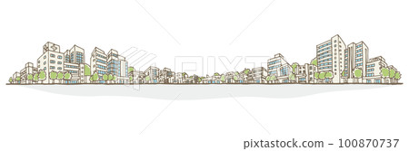 城市景觀的插圖, 兩旁是建築物. 手繪風格。 100870737