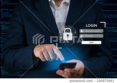 Login using digital device. Man hand using online banking E-commerce Online security payment concept Login using digital device. Man hand using online banking E-commerce Online security payment concept 100873061