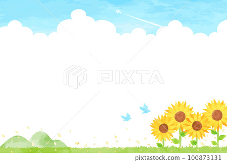 Landscape illustration with summer thundercloud and sunflower field 100873131