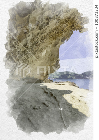 Watercolor-style Onigajo Senjojiki Kumano City, Mie Prefecture Watercolor-style Onigajo Senjojiki Kumano City, Mie Prefecture 100873234