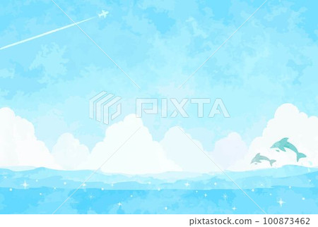 Landscape illustration with thundercloud, sea and blue sky 100873462