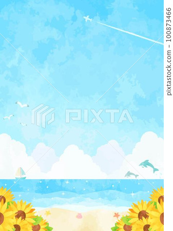 Blue sky and seaside landscape illustration with cumulonimbus and contrails floating Blue sky and seaside landscape illustration with cumulonimbus and contrails floating 100873466