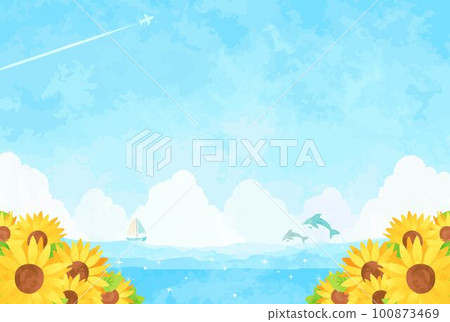 Landscape illustration of sea, sunflower field and blue sky 100873469
