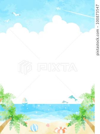 手繪沙灘和藍天風景插畫 100873547
