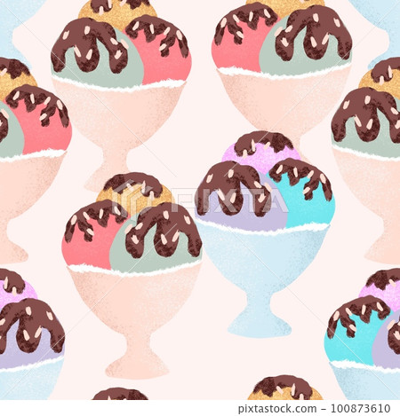 Hand drawn seamless pattern of ice cream in cup bowl, retro vintage style. Pink mint yellow round shape with chocolate, sweet tasty summer holiday food, fun design for colorful beach art. Hand drawn seamless pattern of ice cream in cup bowl, retro vintage style. Pink mint yellow round shape with chocolate, sweet tasty summer holiday food, fun design for colorful beach art. 100873610