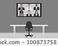 Empty meeting room with one seat video conference on TV screen - Work from home concept 100873758