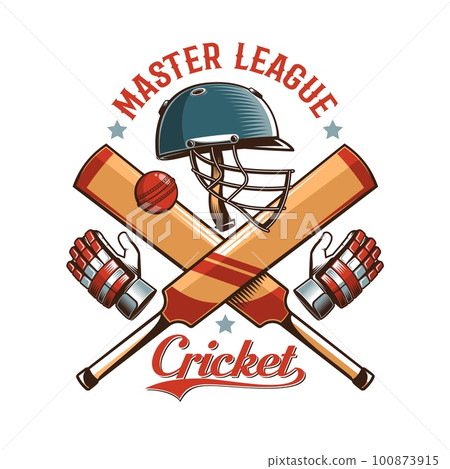 Cricket Retro Logo with Helmet, Bat and Ball Cricket Retro Logo with Helmet, Bat and Ball 100873915