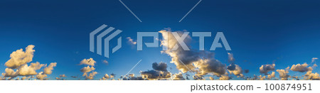 Dark blue sunset sky panorama with Cumulus clouds. Seamless hdr pano in spherical equirectangular format. Complete zenith for 3D visualization, game and sky replacement for aerial drone 360 panoramas. Dark blue sunset sky panorama with Cumulus clouds. Seamless hdr pano in spherical equirectangular format. Complete zenith for 3D visualization, game and sky replacement for aerial drone 360 panoramas. 100874951
