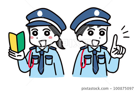 Smiling young male and female security guards holding beginner marks (upper body) 100875097