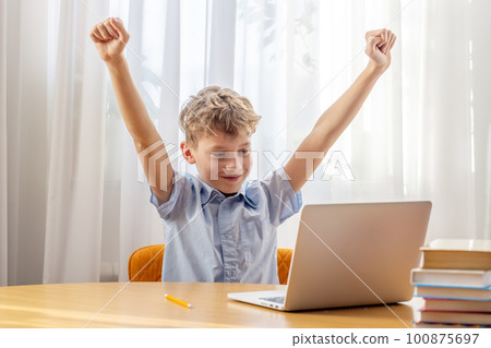 Excited schoolboy learning online on laptop Excited schoolboy learning online on laptop 100875697