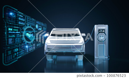 Ev car or electric vehicle plug in with recharging station display graphic interface Ev car or electric vehicle plug in with recharging station display graphic interface 100876523