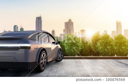 Ev car or electric vehicle park in town with cityscape background 100876569